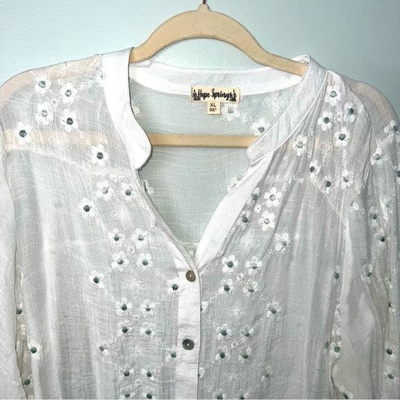 Hope Springs Sheer Embroidered white button up shirt/ cover up. Worn one time! - Picture 2 of 12